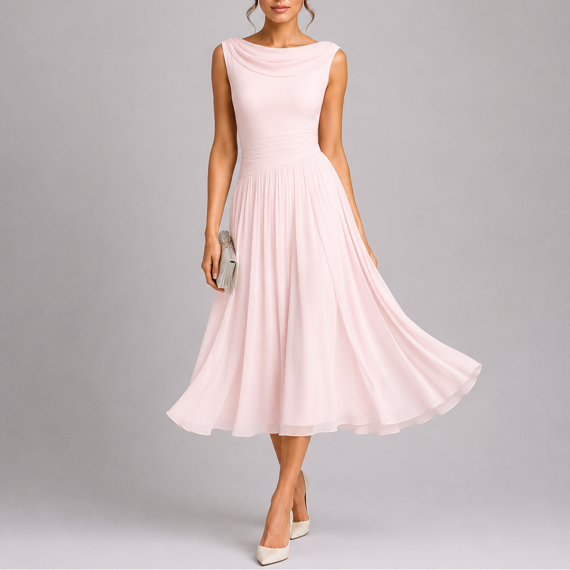 Women's Stylish Pleated Midi Dress with Draped Neckline – Elegant Occasion Wear UK
