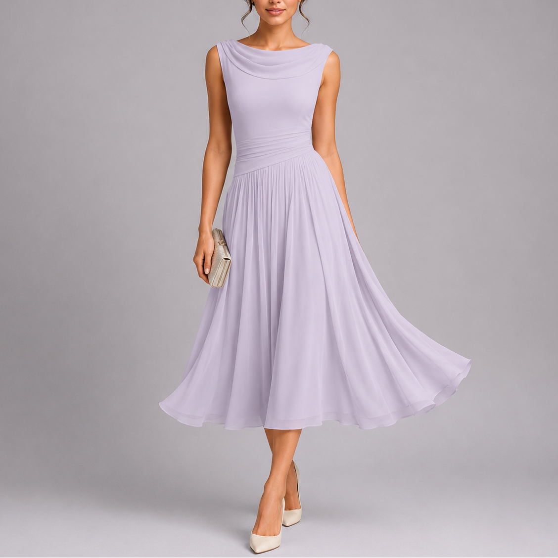 Women's Stylish Pleated Midi Dress with Draped Neckline – Elegant Occasion Wear UK