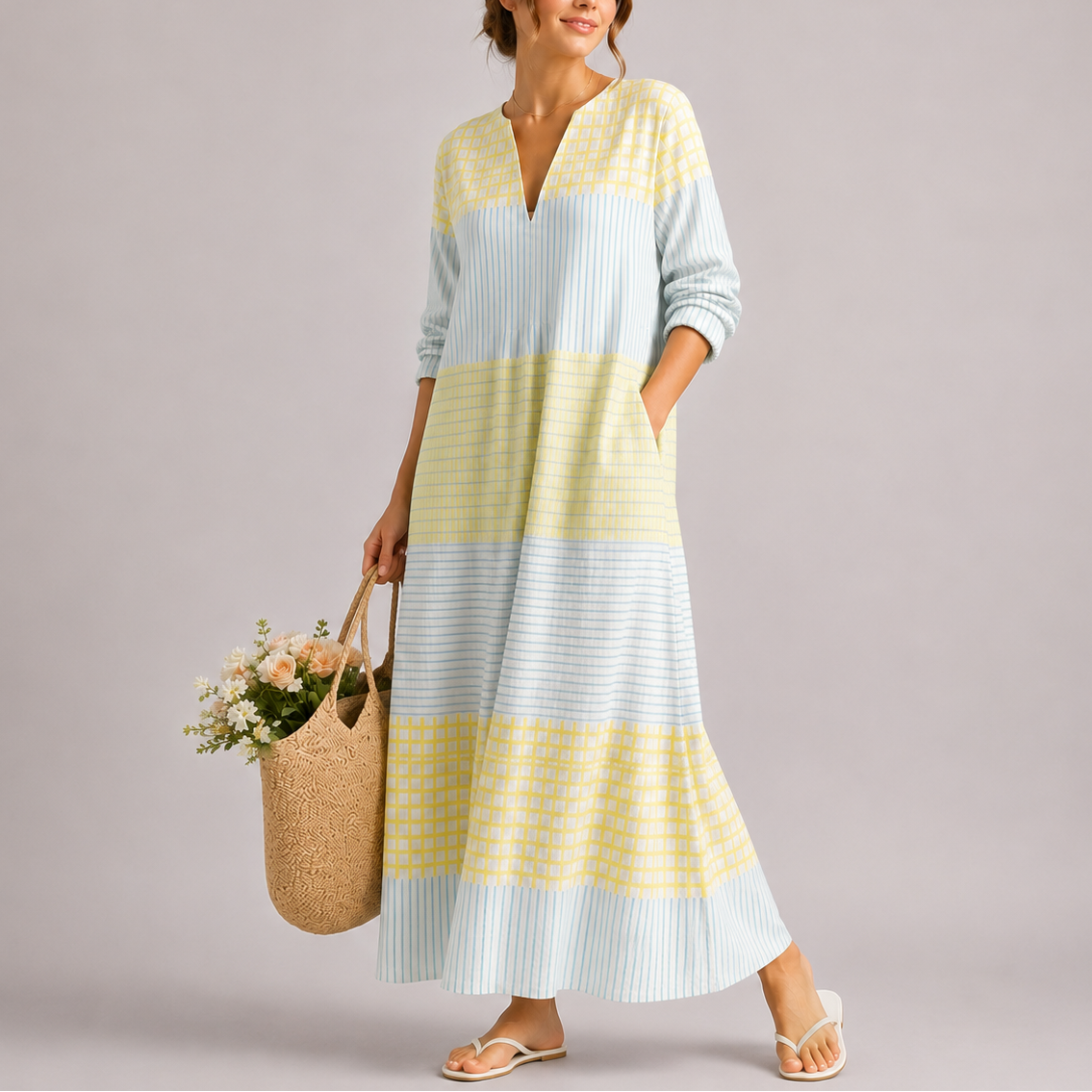Women's Summer Colour block Maxi Dress | Lightweight V-Neck Casual Dress