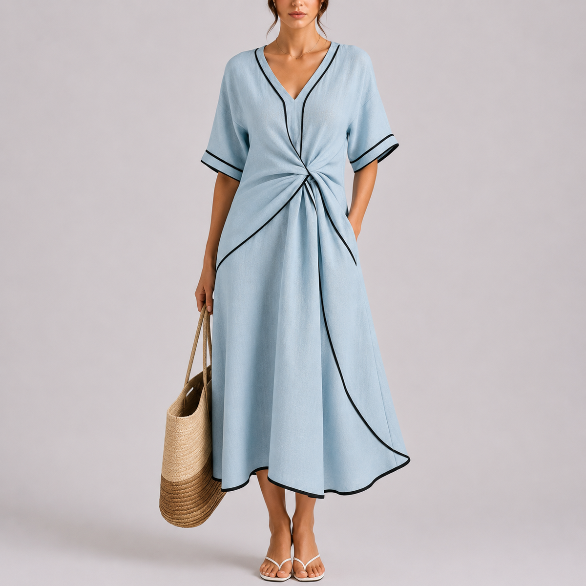 Women's Summer Twist Front Maxi Dress with Contrast Trim