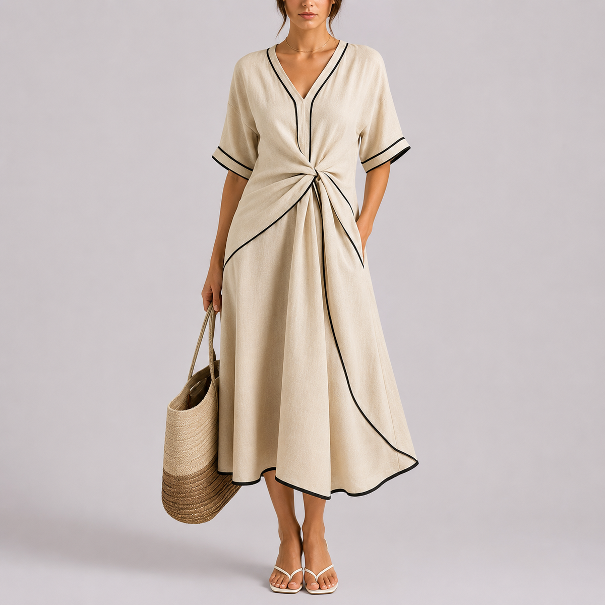 Women's Summer Twist Front Maxi Dress with Contrast Trim