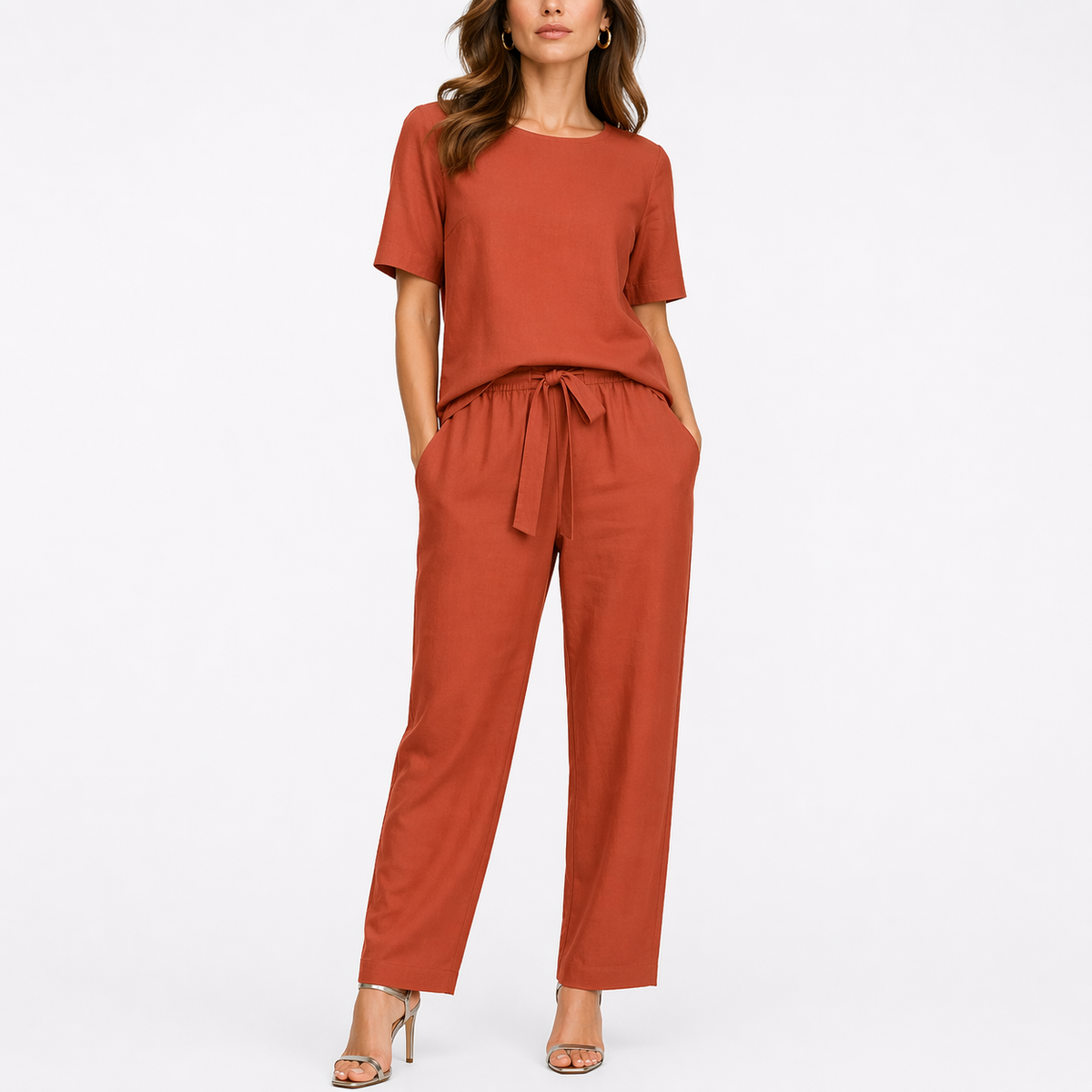 Women’s Two-Piece Set with Short-Sleeve Top and Trousers – Effortless Occasion Wear