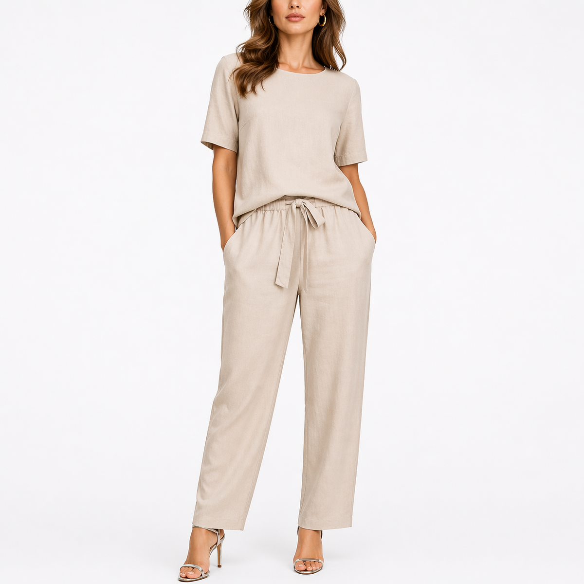 Women’s Two-Piece Set with Short-Sleeve Top and Trousers – Effortless Occasion Wear
