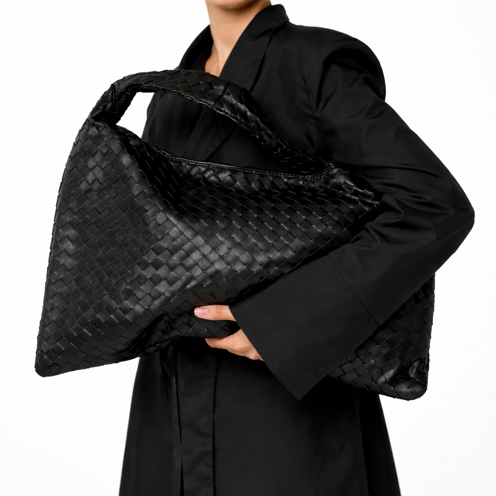Luxury Woven Shoulder Tote – Soft Vegan Leather Everyday Bag – Spacious Everyday Carryall