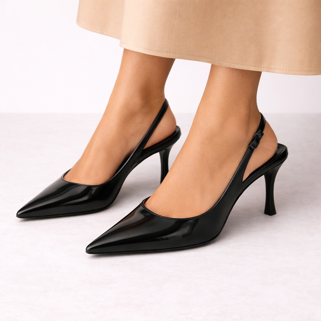Women’s Stylish Black Slingback Heels – Pointed Toe – Comfortable All-Day Heel