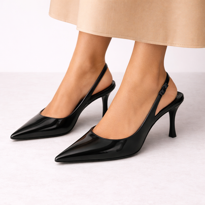 Women’s Stylish Black Slingback Heels – Pointed Toe – Comfortable All-Day Heel