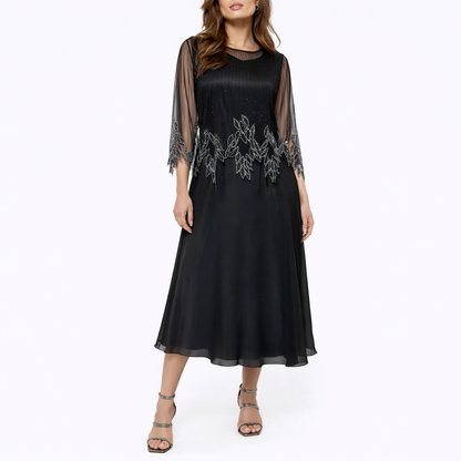 Women's Elegant Midi Dress – Flowing Fit with Sheer Sleeve Detail