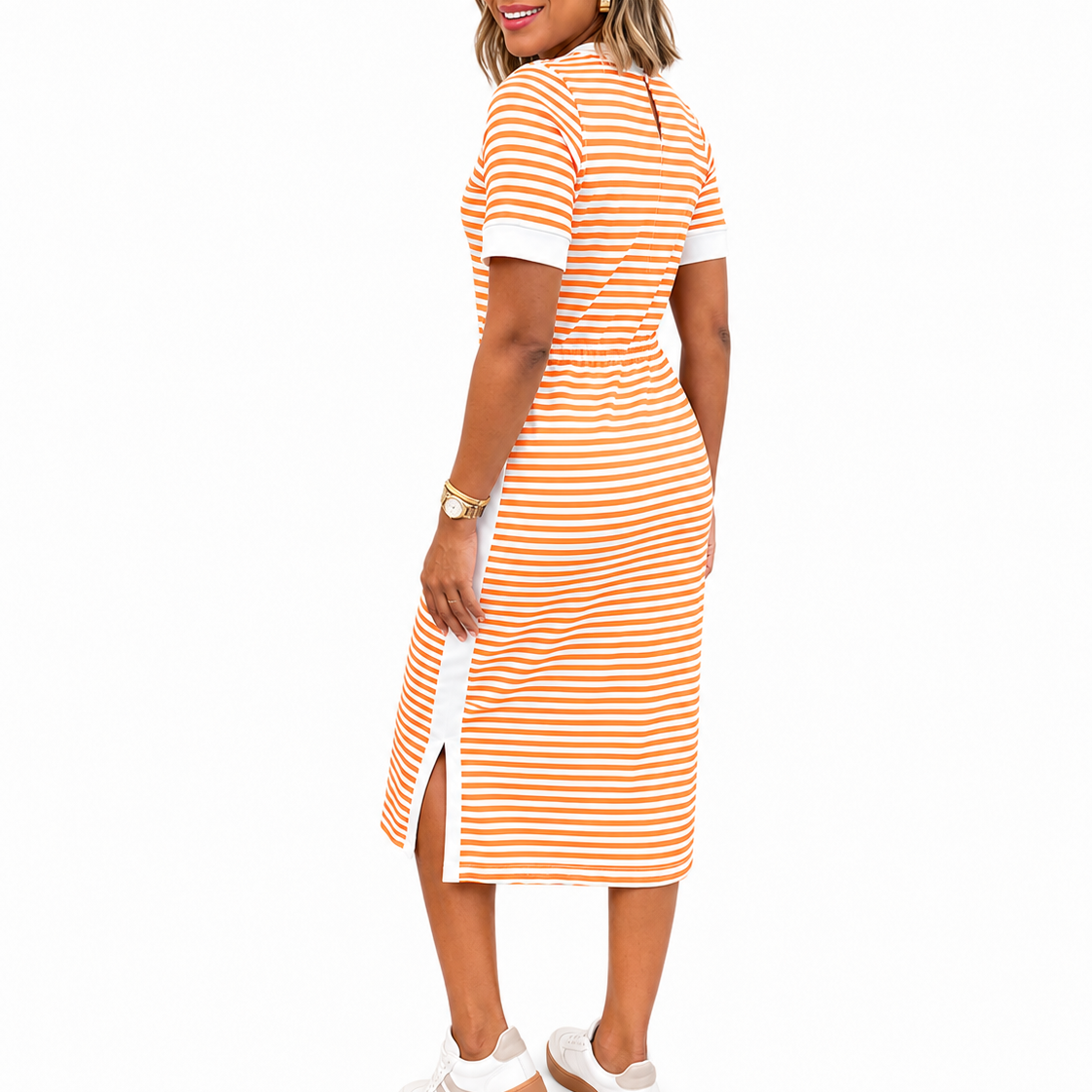Women’s Black and White Striped Midi T-Shirt Dress – Elegant Occasion Wear UK