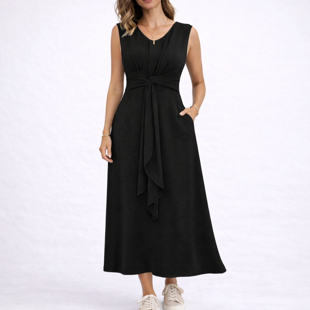 Women's Elegant Sleeveless Midi Dress with Waist Tie Detail