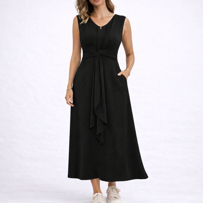 Women's Elegant Sleeveless Midi Dress with Waist Tie Detail