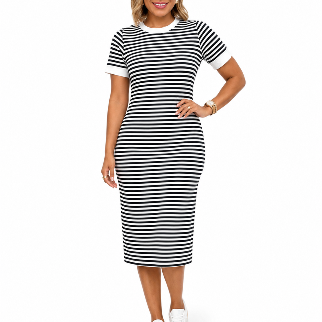 Women’s Black and White Striped Midi T-Shirt Dress – Elegant Occasion Wear UK