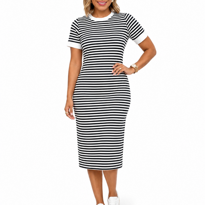Women’s Black and White Striped Midi T-Shirt Dress – Elegant Occasion Wear UK