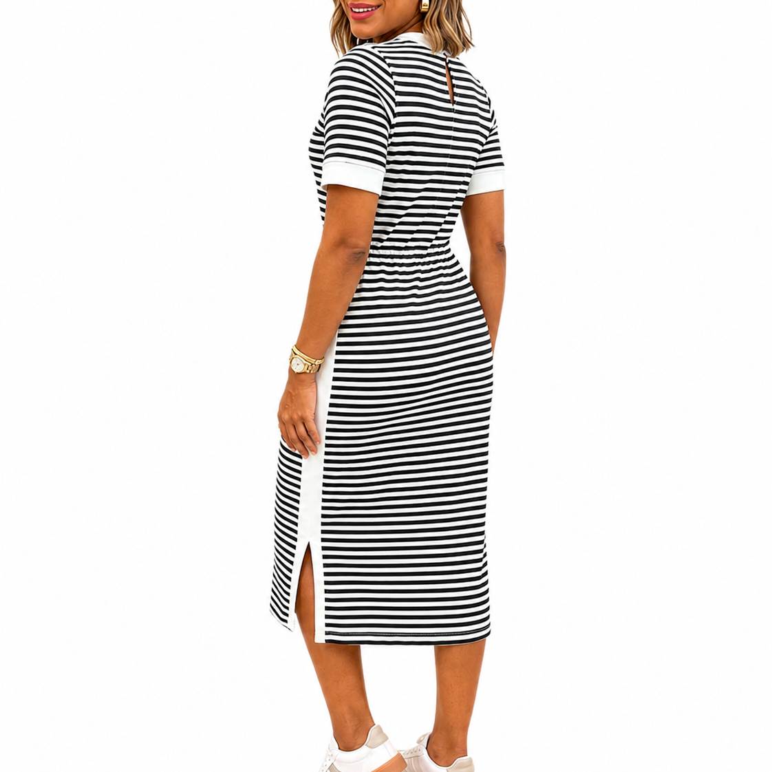 Women’s Black and White Striped Midi T-Shirt Dress – Elegant Occasion Wear UK