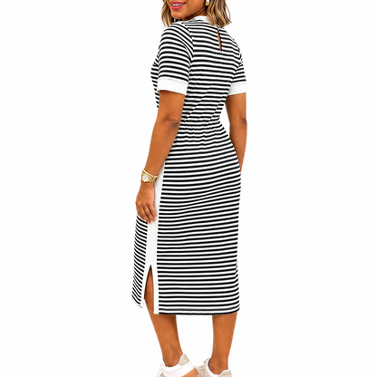 Women’s Black and White Striped Midi T-Shirt Dress – Elegant Occasion Wear UK