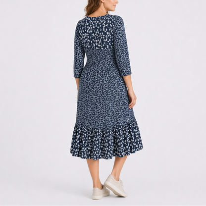 Women’s Floral Midi Dress with V-Neck and Smocked Waist – Elegant Occasion Wear UK