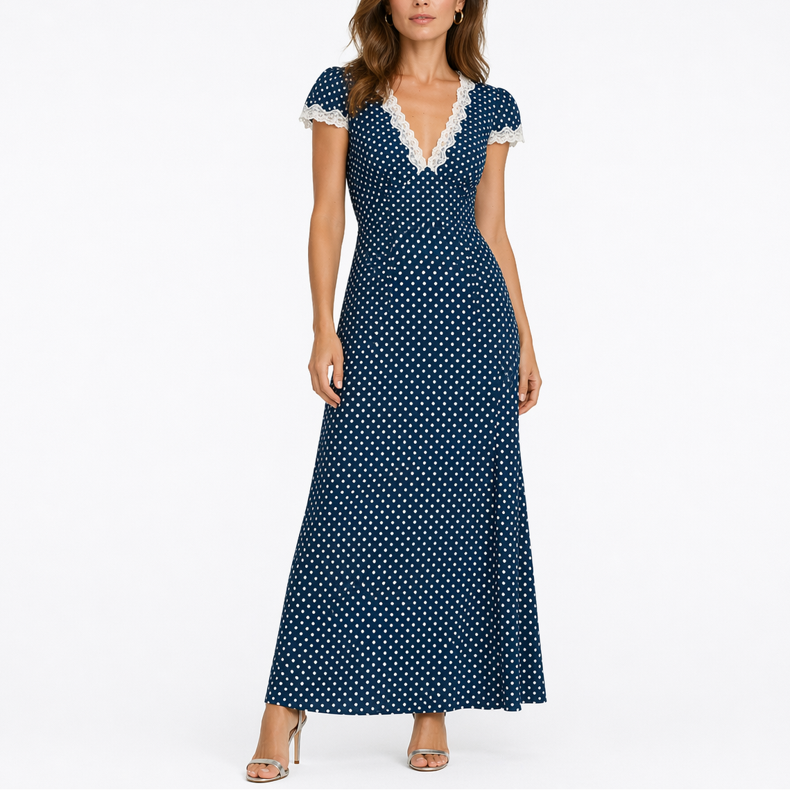Women’s Summer Polka Dot Midi Dress with Lace Trim V-Neck – Flattering Fit for Women