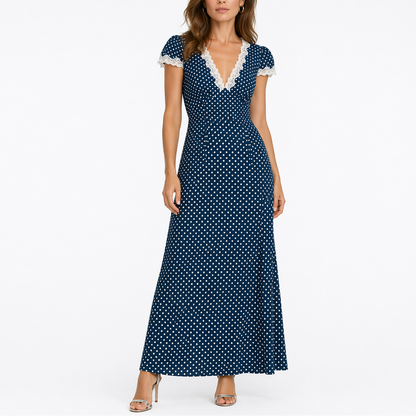 Women’s Summer Polka Dot Midi Dress with Lace Trim V-Neck – Flattering Fit for Women