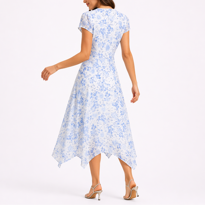 Women’s Blue Floral Midi Dress with V-Neck – Flattering Fit for Women