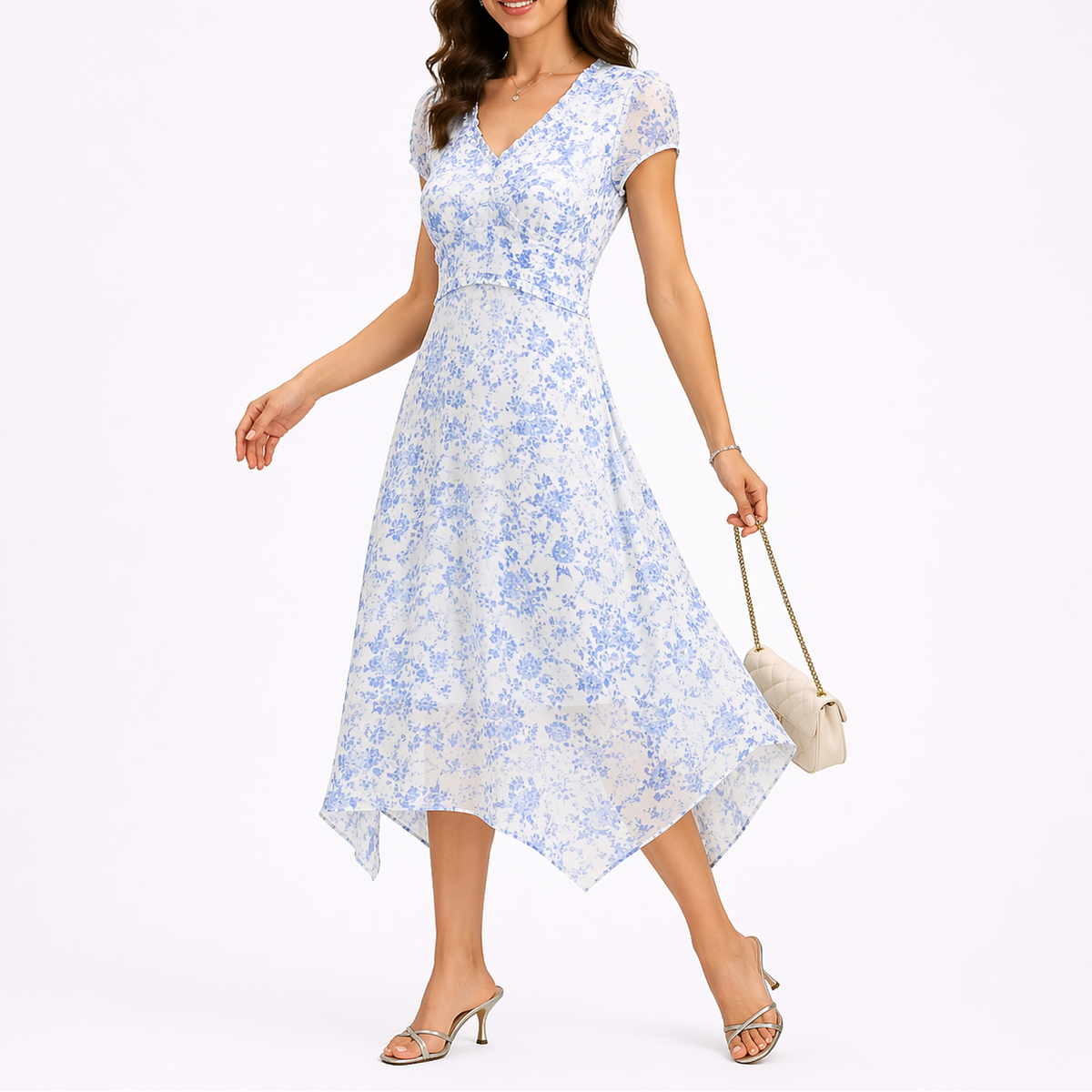 Women’s Blue Floral Midi Dress with V-Neck – Flattering Fit for Women