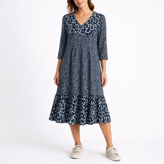 Women’s Floral Midi Dress with V-Neck and Smocked Waist – Elegant Occasion Wear UK