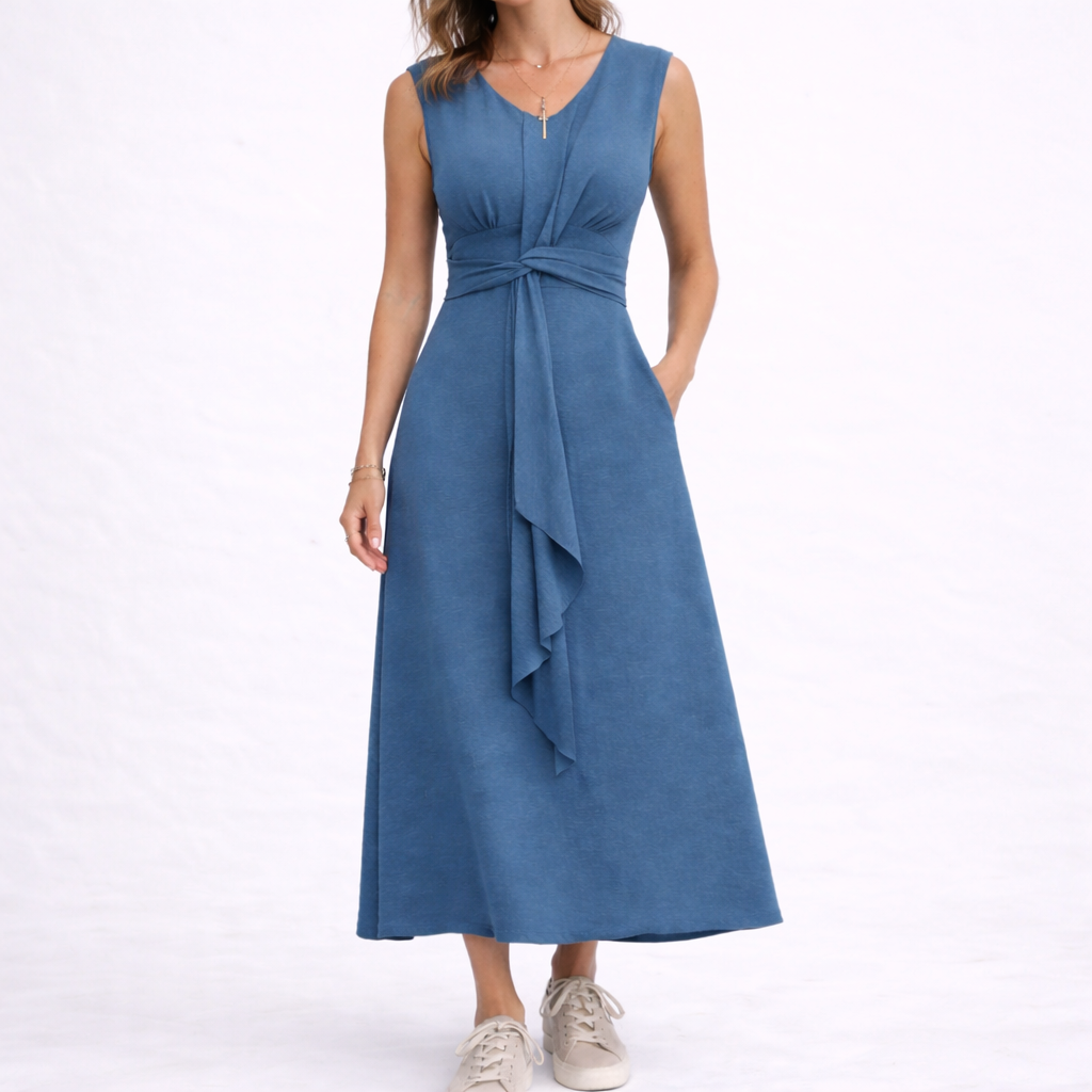 Women's Elegant Sleeveless Midi Dress with Waist Tie Detail