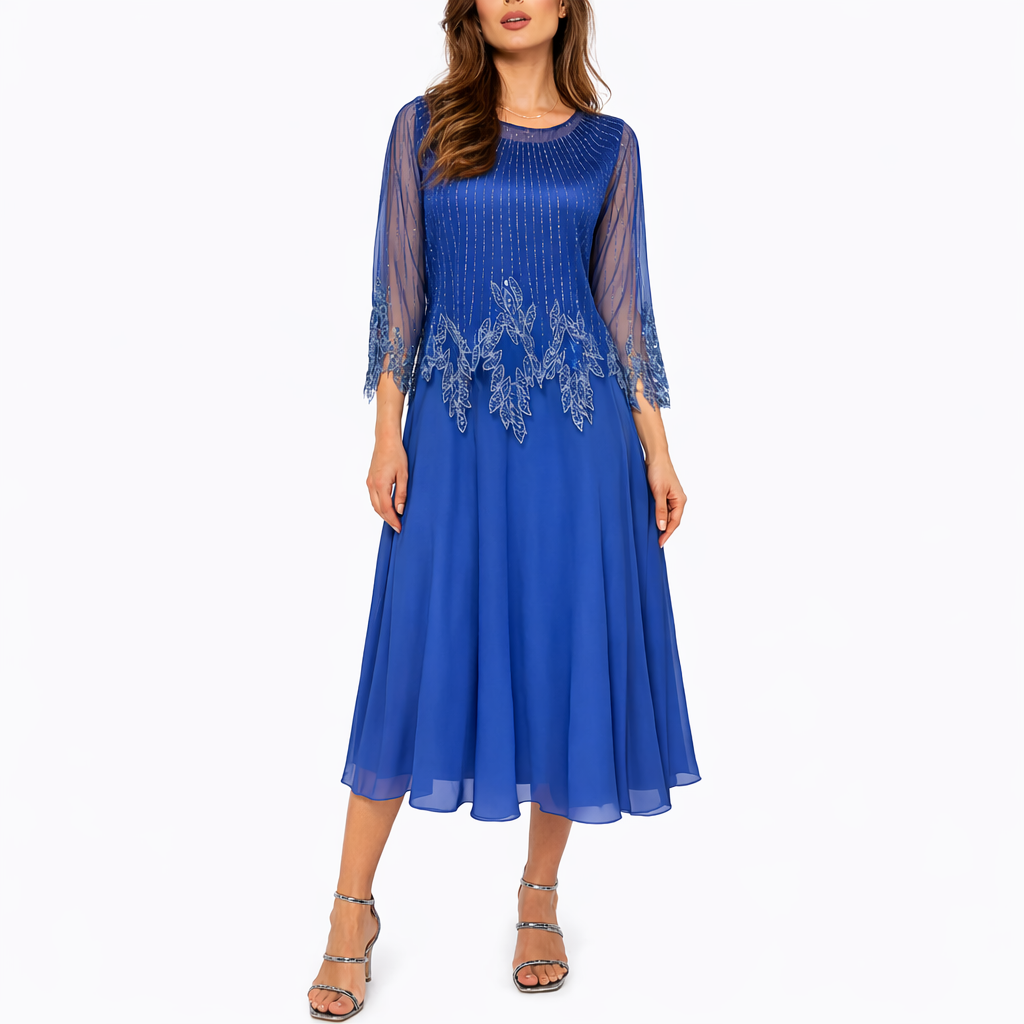 Women's Elegant Midi Dress – Flowing Fit with Sheer Sleeve Detail