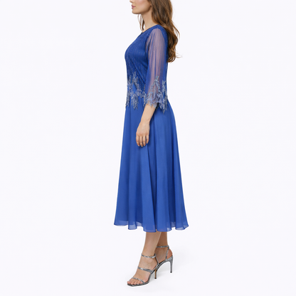 Women's Elegant Midi Dress – Flowing Fit with Sheer Sleeve Detail