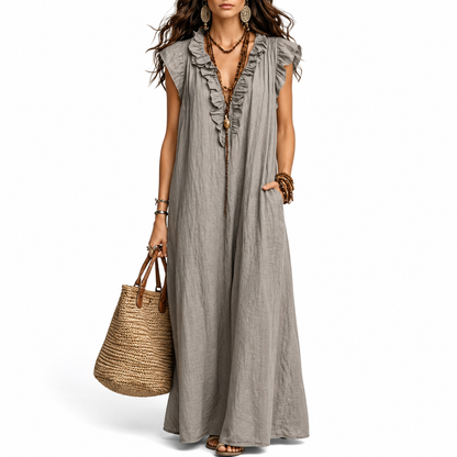 Women's Everyday Maxi Dress | Ruffle V-Neck Loose Fit Dress with Pockets – Flattering Fit for Women