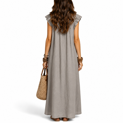 Women's Everyday Maxi Dress | Ruffle V-Neck Loose Fit Dress with Pockets – Flattering Fit for Women