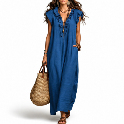 Women's Everyday Maxi Dress | Ruffle V-Neck Loose Fit Dress with Pockets – Flattering Fit for Women