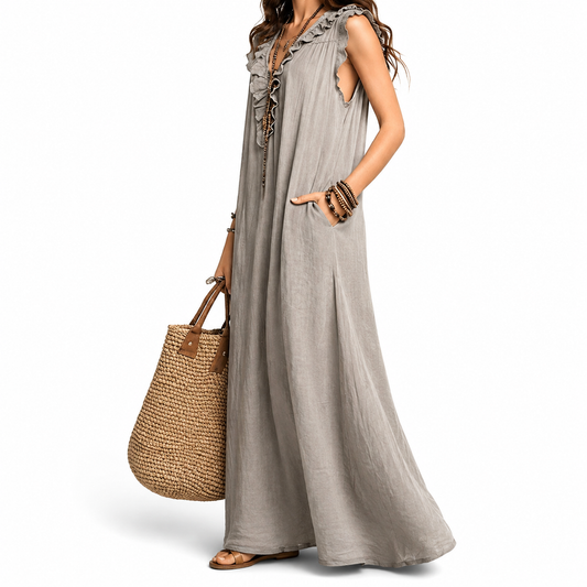 Women's Everyday Maxi Dress | Ruffle V-Neck Loose Fit Dress with Pockets – Flattering Fit for Women