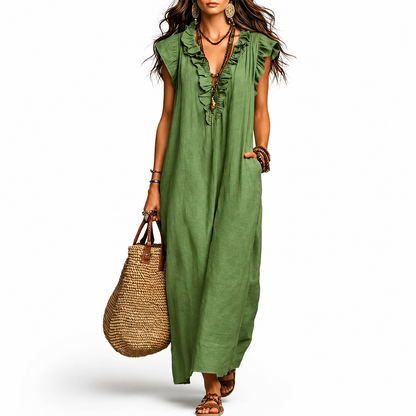 Women's Everyday Maxi Dress | Ruffle V-Neck Loose Fit Dress with Pockets – Flattering Fit for Women