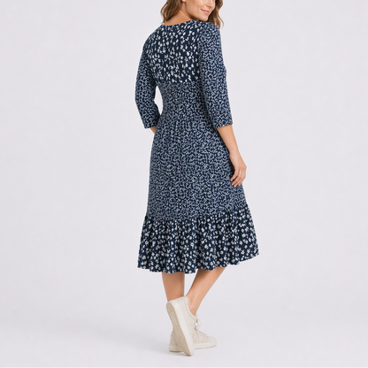 Women’s Floral Midi Dress with V-Neck and Smocked Waist – Elegant Occasion Wear UK