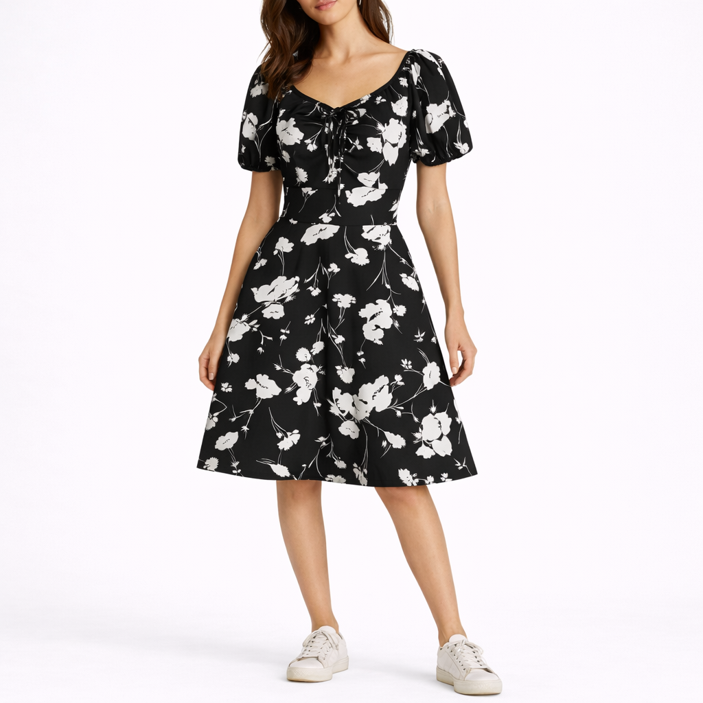 Women’s Short Sleeve Floral Midi Dress – Flattering Fit for Women
