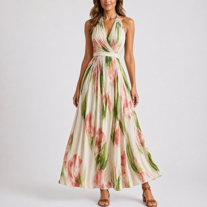 Women’s Halter Neck Floral Maxi Dress with Watercolour Print – Effortless Everyday Style