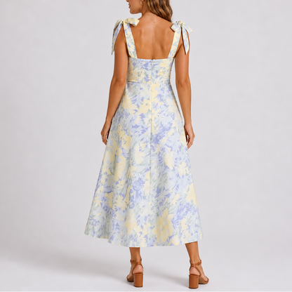 Pastel Floral Midi Dress with Tie Shoulders and Ruched Bodice – Elegant Occasion Wear UK