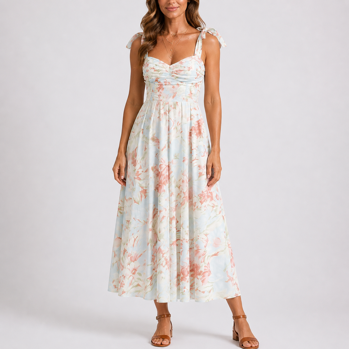 Pastel Floral Midi Dress with Tie Shoulders and Ruched Bodice – Elegant Occasion Wear UK