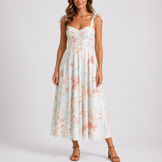 Pastel Floral Midi Dress with Tie Shoulders and Ruched Bodice – Elegant Occasion Wear UK