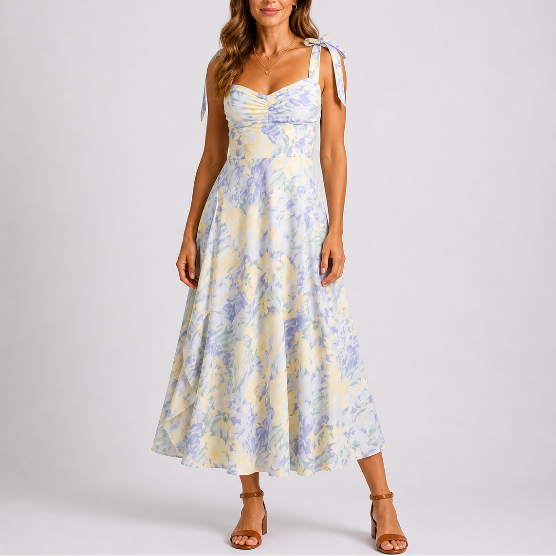 Pastel Floral Midi Dress with Tie Shoulders and Ruched Bodice – Elegant Occasion Wear UK