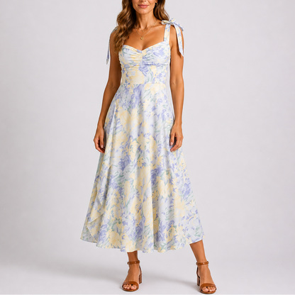 Pastel Floral Midi Dress with Tie Shoulders and Ruched Bodice – Elegant Occasion Wear UK