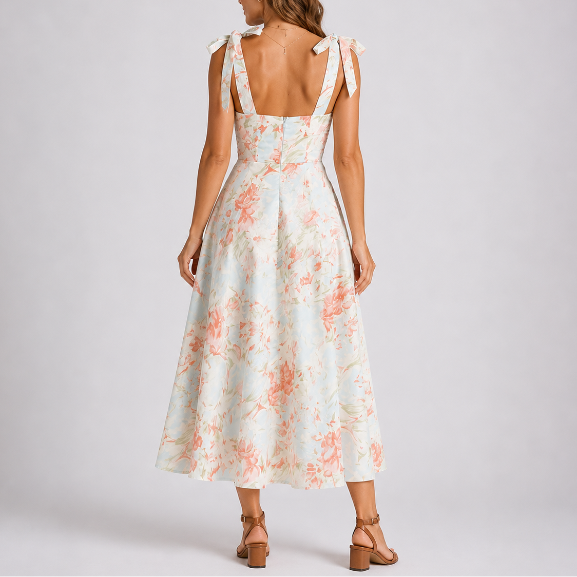 Pastel Floral Midi Dress with Tie Shoulders and Ruched Bodice – Elegant Occasion Wear UK