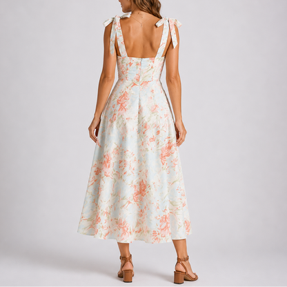 Pastel Floral Midi Dress with Tie Shoulders and Ruched Bodice – Elegant Occasion Wear UK