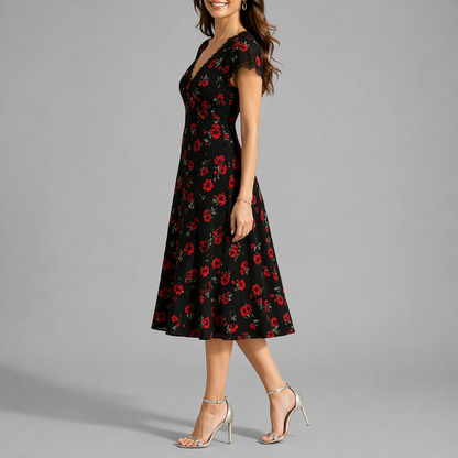Women’s Black Floral Midi Dress with V-Neck – Flattering Fit for Women