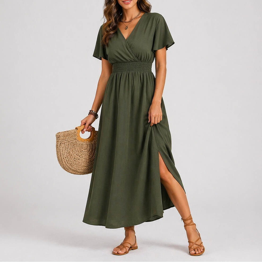 Women’s Olive Green Wrap Maxi Dress – Lightweight Summer Style – Elegant Occasion Wear UK