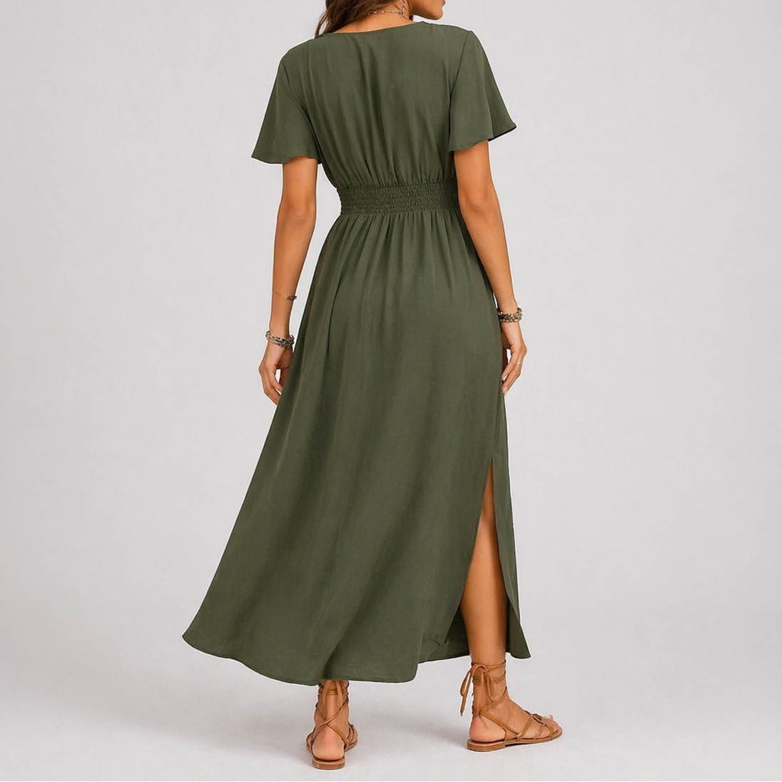Women’s Olive Green Wrap Maxi Dress – Lightweight Summer Style – Elegant Occasion Wear UK
