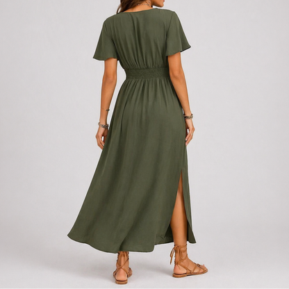 Women’s Olive Green Wrap Maxi Dress – Lightweight Summer Style – Elegant Occasion Wear UK