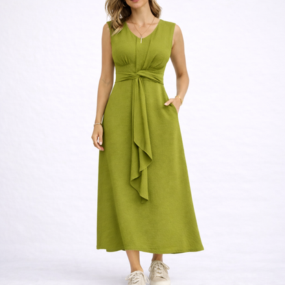 Women's Elegant Sleeveless Midi Dress with Waist Tie Detail