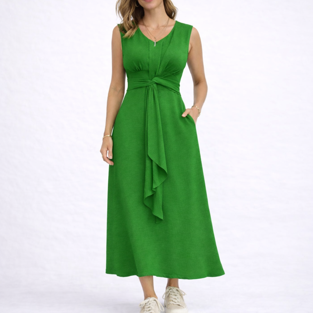 Women's Elegant Sleeveless Midi Dress with Waist Tie Detail