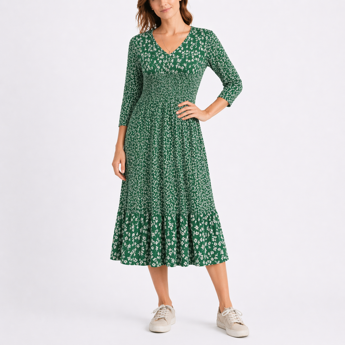 Women’s Floral Midi Dress with V-Neck and Smocked Waist – Elegant Occasion Wear UK