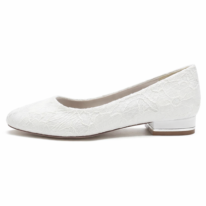Women’s White Lace Bridal Flats – Round Toe Wedding Shoes with Low Heel Comfort